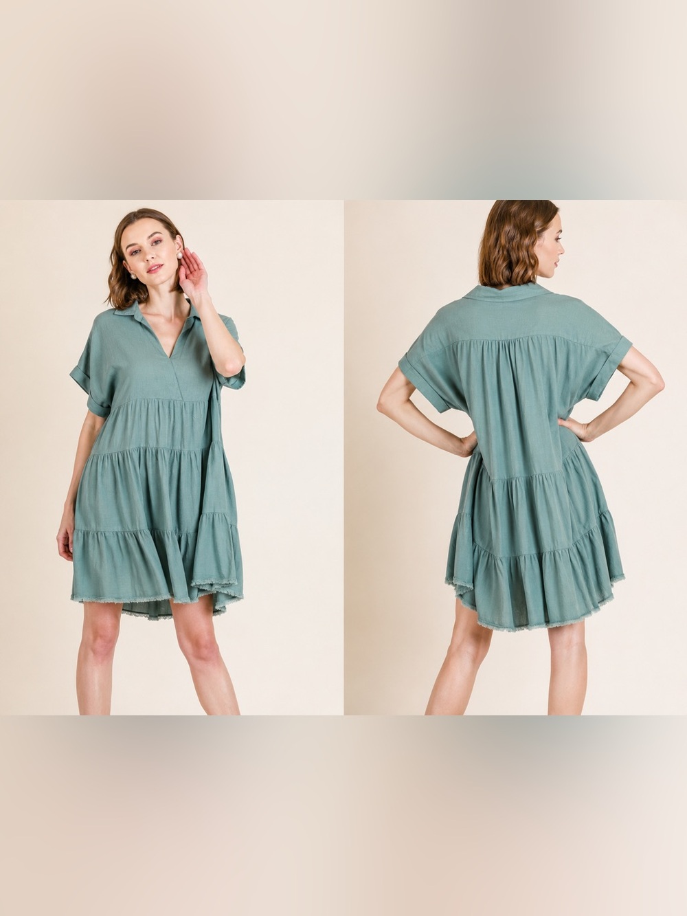 Umgee Teal frayed Trim V-Neck Dress Short Ruffle Tier Dress linen cotton 2XL